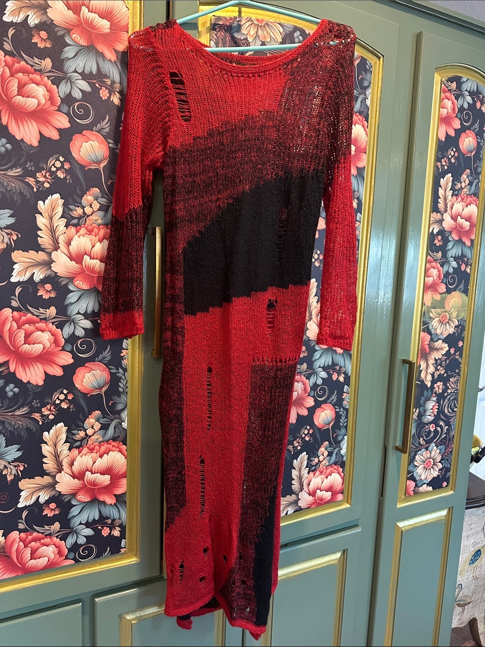 Cider Red and Black Distressed Knit MIDI Dress